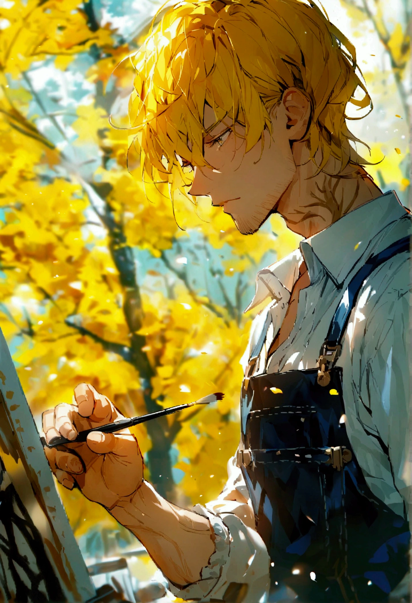 Yellow hair，Charismatic guy，Deep overalls，painter，brush，Drawing plate