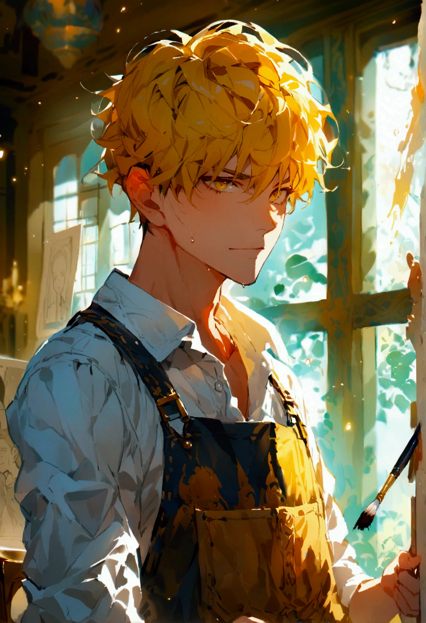 Yellow hair,Charismatic guy,Deep overalls,painter,brush,Drawing plate