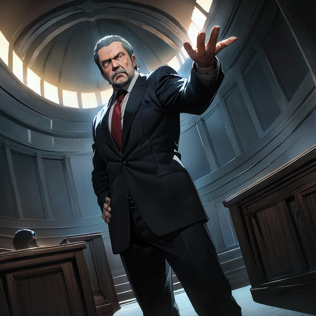 Masterpiece:1.1,Highest quality,8k,official art,courtroom,1boy,an american,middle aged man,a lawyer is talking enthusiastically,standing,evil,arch enemy,cinematic lighting,looking at viewer, dynamic angle,one hand up,one hand on hip,judge,