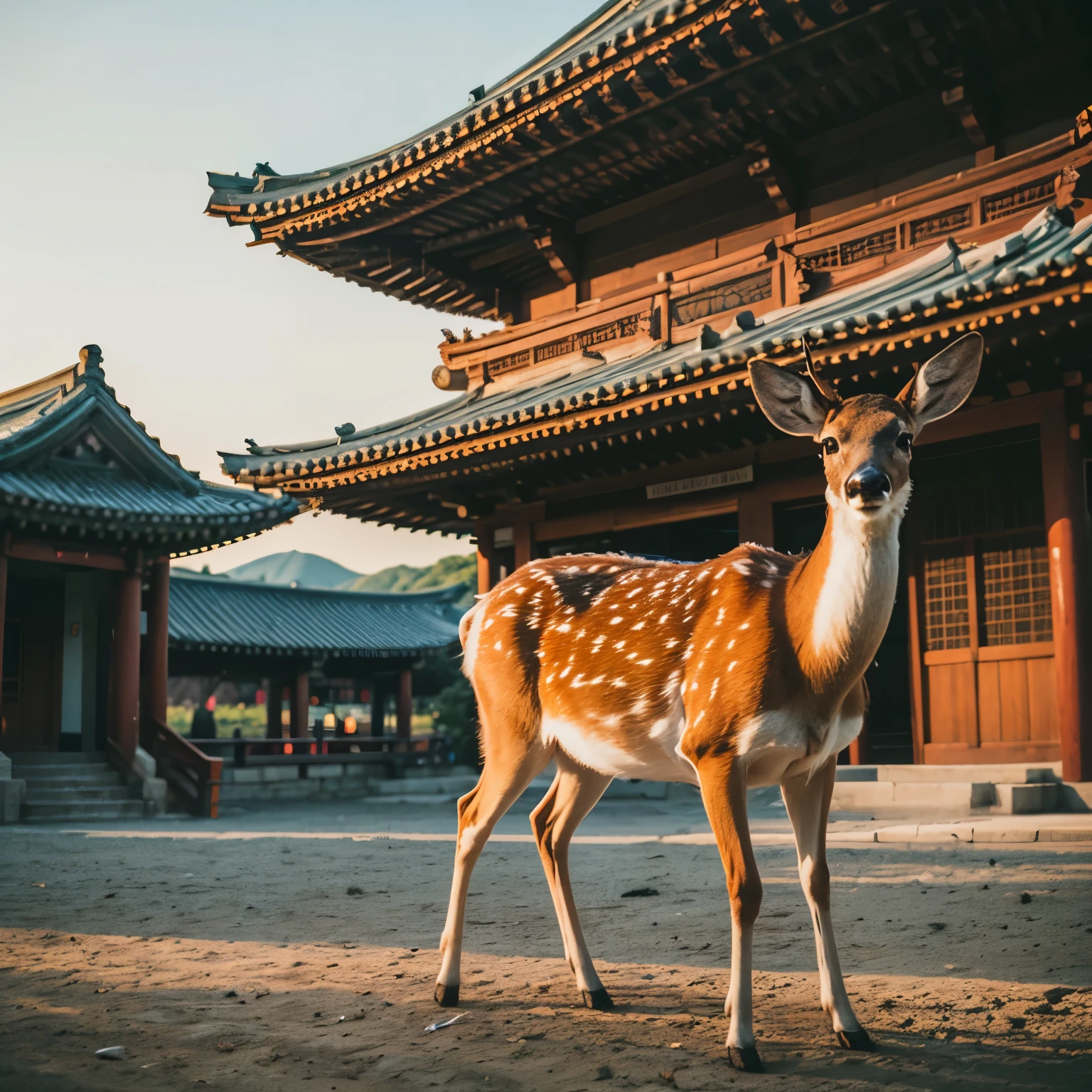 Masterpiece, hd, realistic, best quality, 1animal, deeer, small deer, outdoor, temple background, Korea deer