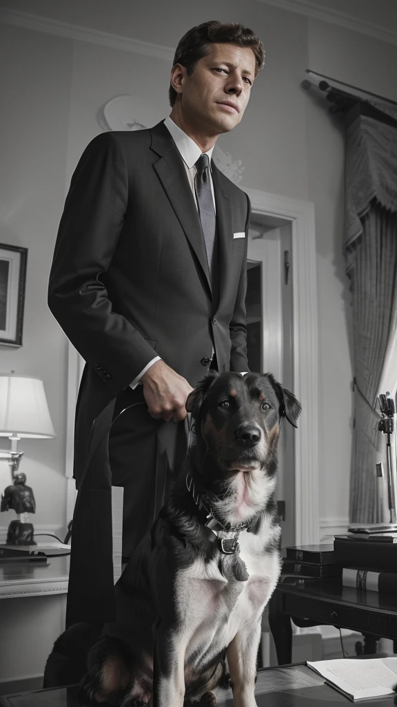 arafed man in a suit and tie standing next to a dog, film still of john f kennedy, he looks very sophisticated, gentleman, serious business, in the oval office, presidential portrait, the president, in his suit, presidential, in oval office, film still of john f kennedy, detailed portrait shot, inspired by Elliott Erwitt, secret service photos