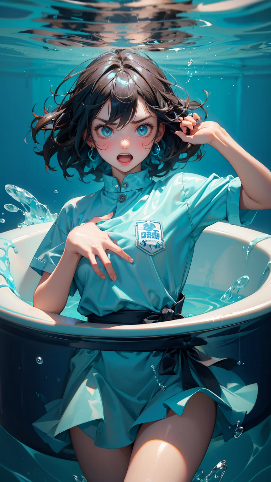 A cute girl with angry emotions with open mouth on face, girl stuck in blue water ice tub, He has thrown his hands up as if someone had stuck him there. hands up for helping, The word "Stuck Transaction" appears at the bottom right in clear letters