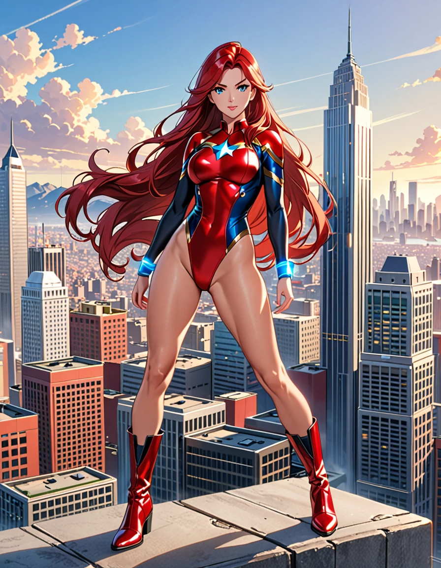 (masterpiece), best quality, highres, 1girl, medium breasts, leotard, red leotard with blue accents, bare legs, boots, matching boots, bracelets, city backdrop, solo, single, standing, full body shot, cowboy shot, beautiful detailed eyes, mature lady, red hair, long hair, superhero.