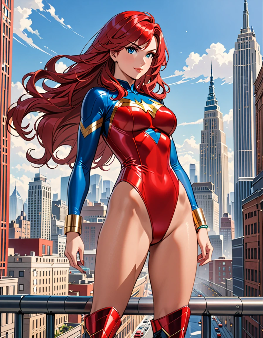 ((best quality)), ((masterpiece)), ((ultra realistic)), (dynamic sexy pose), french redhead, beautiful detailed face, detailed eyes, sexy police woman, dressed in a blue and red leotard, city backdrop, highly detailed, professional, bare legs, full body, matching blue boots, tornado spin, standing, twirl, spinning cyclone, cyclone winds, powering up, wind particles, dust particles, cyclone particles, super spin,