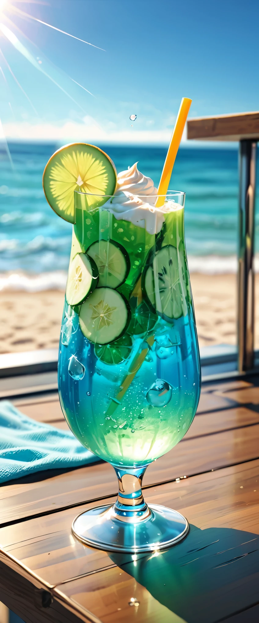 (masterpiece:1.2, Highest quality,Highest quality,Super detailed:1.2),(Very detailed),8k,(Photorealistic),(RAW Photos:1.2),A clear, stylish glass on the table contains melon soda.,Carbonated bubbles,straw,Carbonated water with ice cream on top,Beach under the scorching sun,(Beautiful blue sky),((Sunlight reflecting off the glass)),(Cool looking photo)