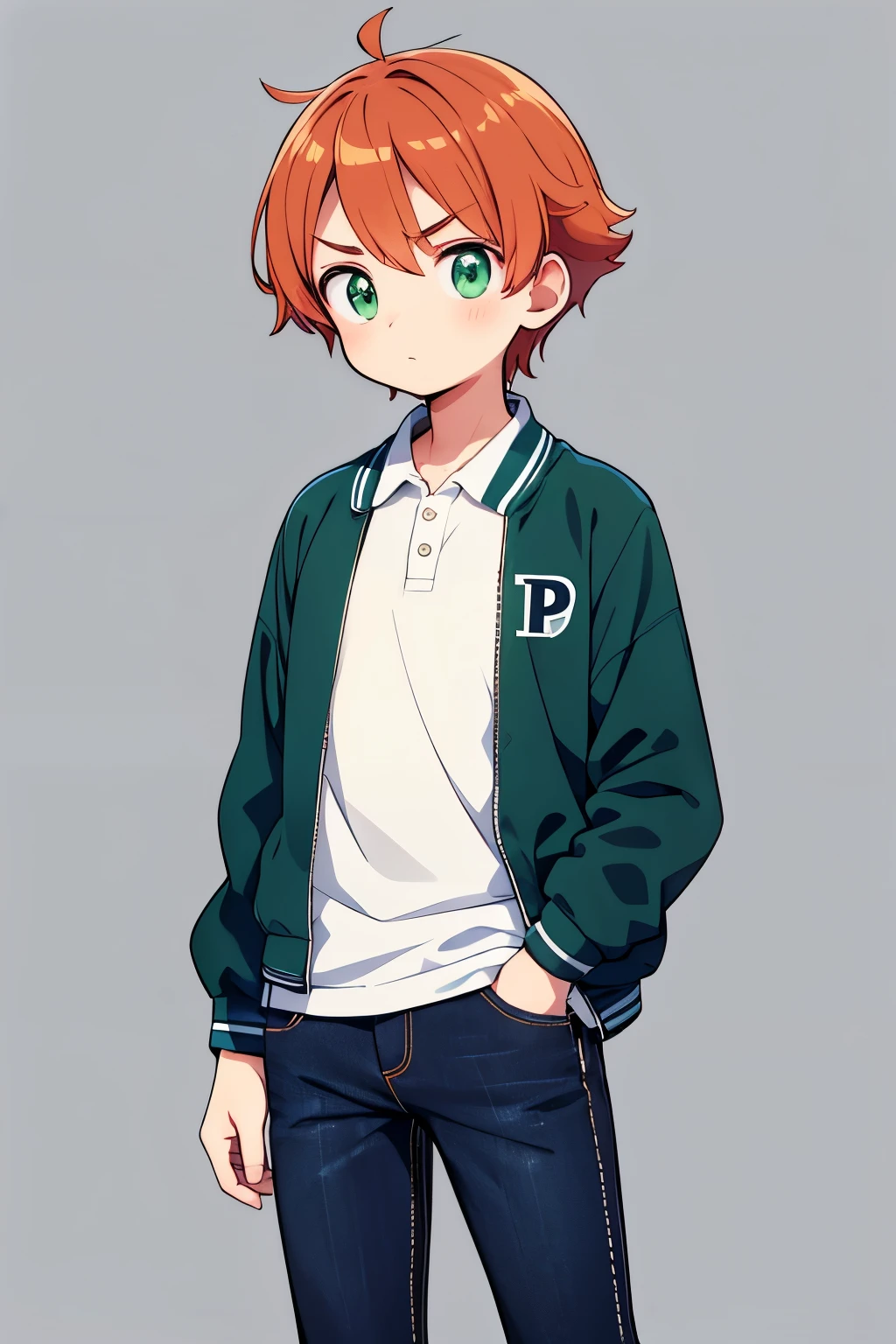 anime guy , anime dark green eyes , varsity blue jacket with white sleeves and a letter P on it, red tshirt polo,bright orange short hair , black jeans , handsome guy, standing up, black convers, handsome serious face, simple background