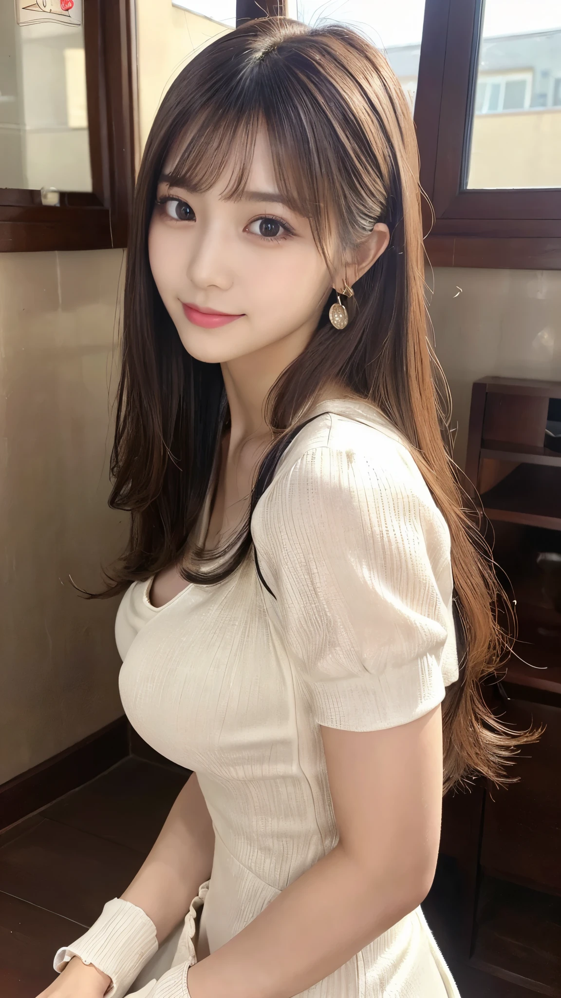 (Detailed skin:1.2),(Shiny skin:1.1),8k,Highest quality, masterpiece, Ultra-high resolution,(Realistic:1.4), RAW Photos,(Soft saturation:1),(Fair skin:1.2),(Succubus:1.2),Half-Japanese beauty,23 years old, (Light brown hair),(Long Hair:1.3)), (Pretty face:1.4), (Large , Tight waist,Big firm hips:1.2), ((Beautiful lighting:1.3)), ((Neat dress:1.2)),(Highly detailed face, Highly detailed lips, fine grain, double eyelid,Highly detailed and evenly balanced eyes), (Sharp focus:1.2), ((Full Body Shot)),(Perfect Anatomy:1.3),(Beautiful woman with perfect figure: 1.2)、((Random sexy po:1.2))、Sharp smile,(Seaside cottage)