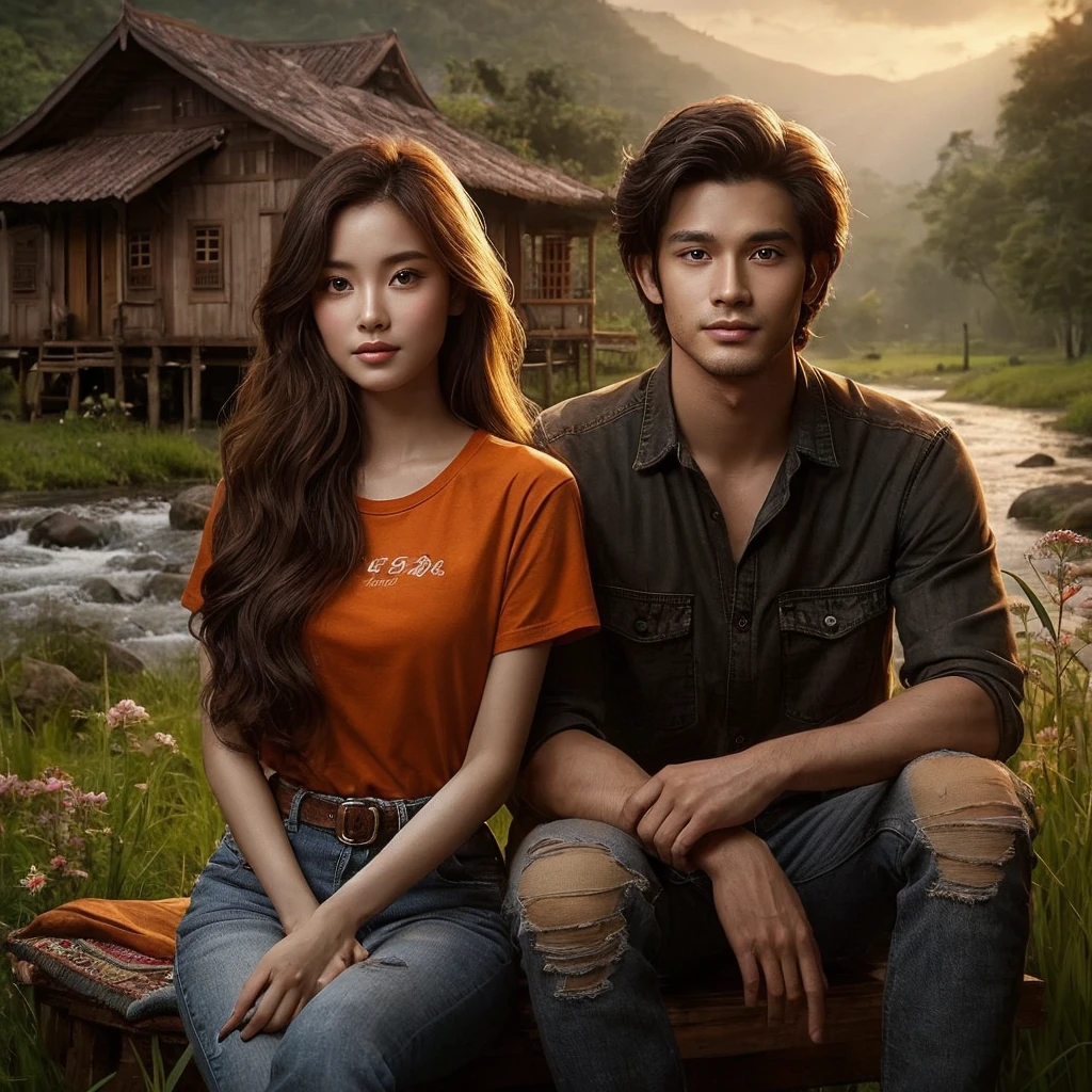 two individuals, a beautiful Indonesian woman aged 20 years, oval face, beautiful long hair. Realistic skin, ideal body. wearing an orange t-shirt. and ripped jeans. and a man is looking warm, Indonesian, 22 years old, realistic skin. wearing a shirt and jeans. sitting in front of a traditional wooden house on the edge of the forest, beside it a clear flowing river. Green grass and various flowers add to the comfortable twilight atmosphere.