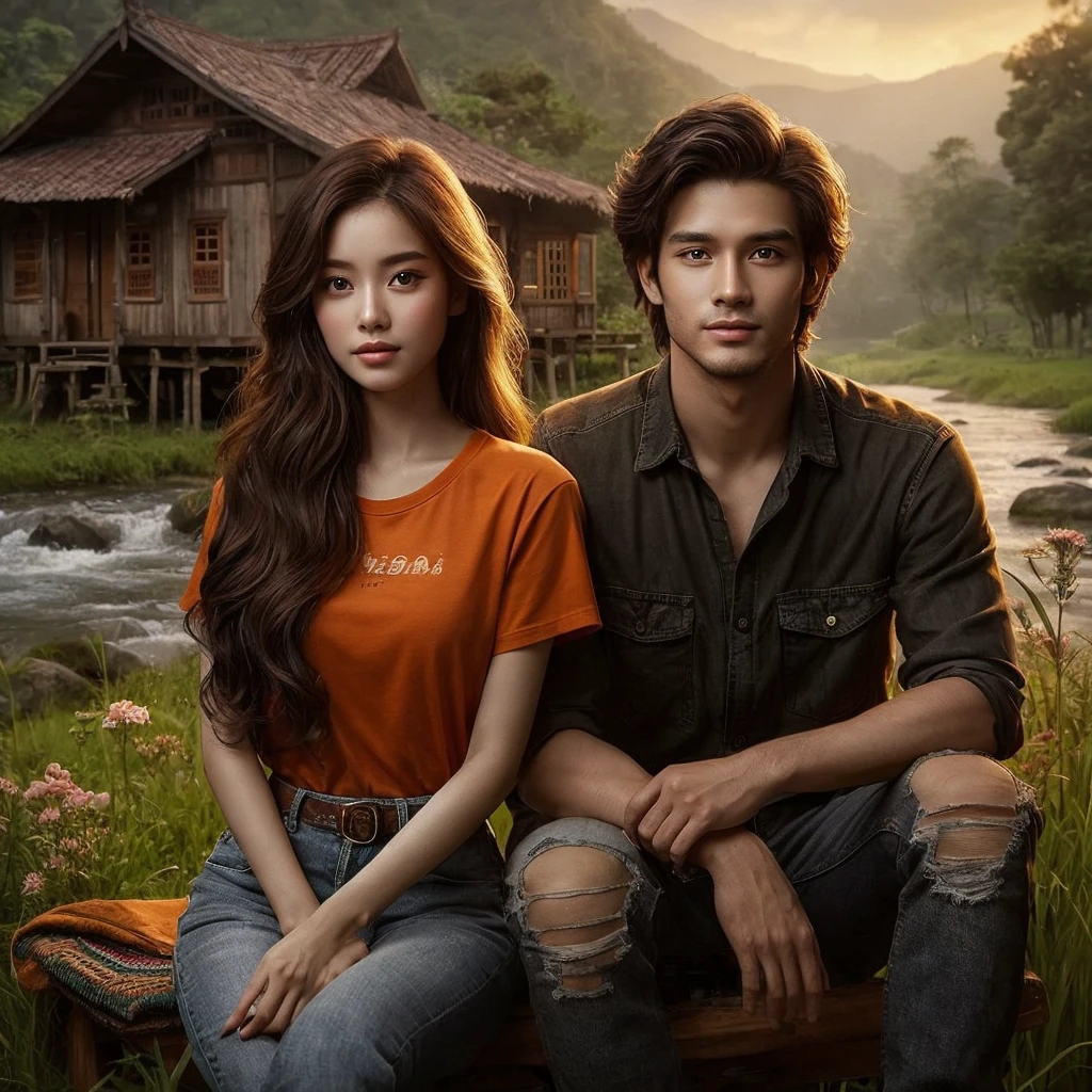 two individuals, a beautiful Indonesian woman aged 20 years, oval face, beautiful long hair. Realistic skin, ideal body. wearing an orange t-shirt. and ripped jeans. and a man is looking warm, Indonesian, 22 years old, realistic skin. wearing a shirt and jeans. sitting in front of a traditional wooden house on the edge of the forest, beside it a clear flowing river. Green grass and various flowers add to the comfortable twilight atmosphere.