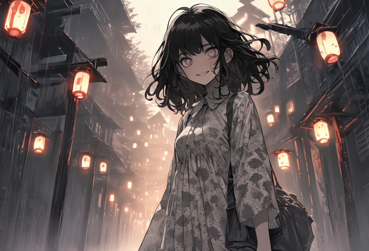 Horror-themed 1girl, rain, monster, black hair, holding, outdoors, night, dress, glowing, long hair, looking at viewer, bag, lantern, glowing eyes, teeth, standing, creature, building, horror (theme), solo, smile, blood, (art by junji ito:1.1) . Eerie, unsettling, dark, spooky, suspenseful, grim, highly detailed

