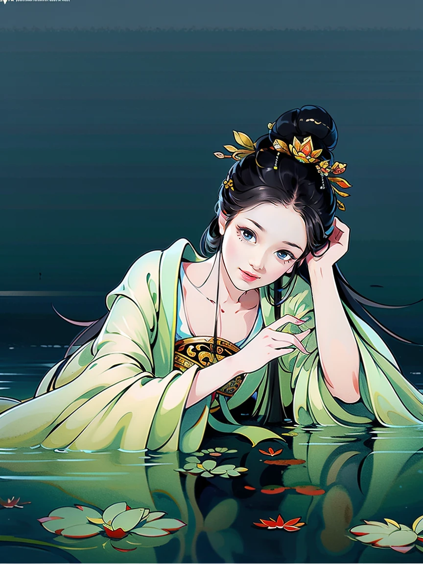 (masterpiece,super detailed,HD details,highly detailed art)1 girl lying in the water,alone,long hair,Smile,feet in water,barefoot,ink,Chinese painting,lotus, hanfu,Highly detailed character designs from East Asia,Game character costume design,ultra high resolution, sharp focus, epic work, masterpiece, (Very detailed CG unified 8k wallpaper),pretty face,beautiful eyes,HD details