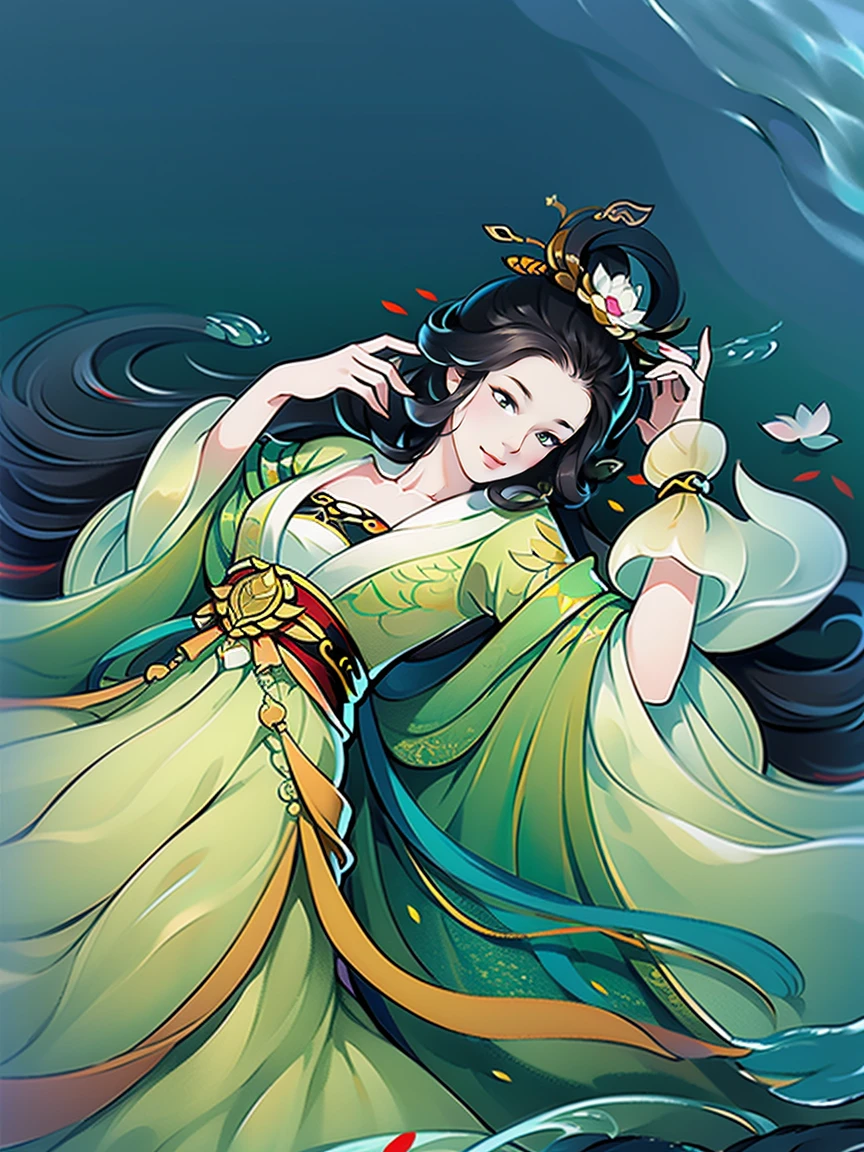 （masterpiece，super detailed，HD details，highly detailed art）1 girl lying in the water，alone，long hair，Smile，feet in water，barefoot，ink，Chinese painting，lotus, hanfu，Highly detailed character designs from East Asia，Game character costume design，ultra high resolution, sharp focus, epic work, masterpiece, (Very detailed CG unified 8k wallpaper)，pretty face，beautiful eyes，HD details