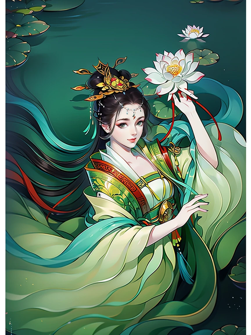 （masterpiece，super detailed，HD details，highly detailed art）1 girl lying in the water，alone，long hair，Smile，feet in water，barefoot，ink，Chinese painting，lotus, hanfu，Highly detailed character designs from East Asia，Game character costume design，ultra high resolution, sharp focus, epic work, masterpiece, (Very detailed CG unified 8k wallpaper)，pretty face，beautiful eyes，HD details
