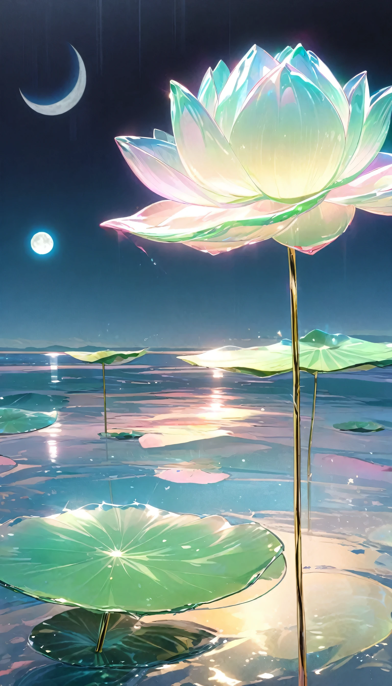((only one lotus leaf)),night,moon,lake surface,gold,pink,green,glass texture、Light, Gradient translucent glass melt, clean