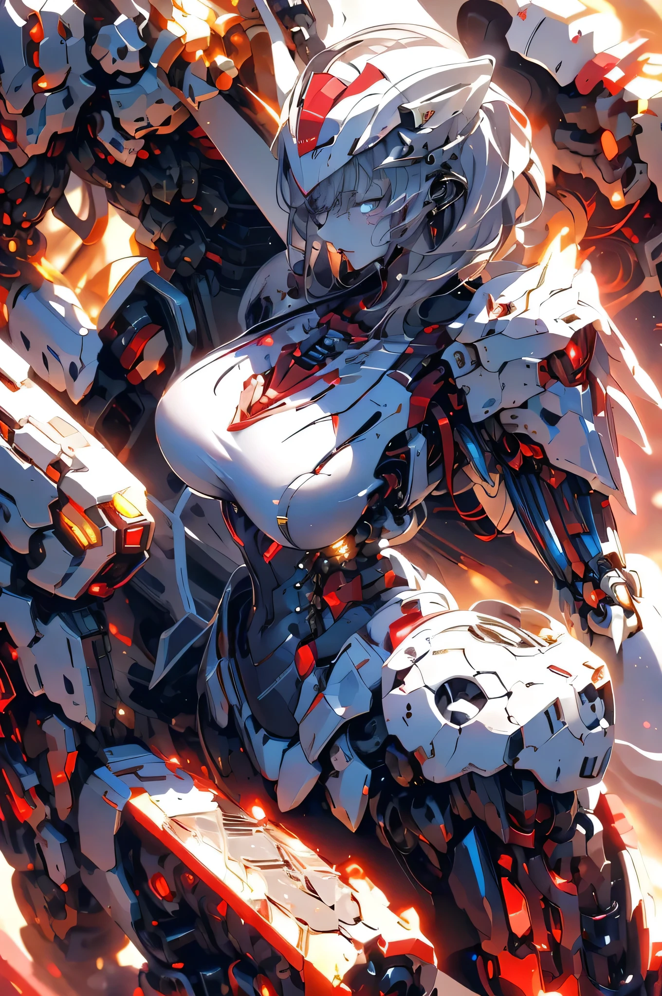 girl,Huge breasts,arms, sword, armor, Keep arms, Keep, Keep sword, Solitary, Gloves, cape, red cape, full armor, helmet, Tear cape, Male focus, permanent, Luminescence, shoulder armor, Red Theme, Scapula, Chest plate, Tear clothes, Oil residue, crack, trumpet, knight, Tear, armored boots,Generate detailed and beautiful female human-machine hybrids, This tip gives a fascinating and detailed description of human hybrids, Show organic、Seamless integration of mechanical and cybernetic elements. Fighter jets should have advanced technology, Seamless integration with biometrics, The result is a powerful and visually stunning creature，Stimulate people's imagination. In this unique design，The balance between the natural world and cutting-edge technology, Strengthening the exoskeleton, Upper body huge breasts, Front view, Facing forward, Fighting Stance 