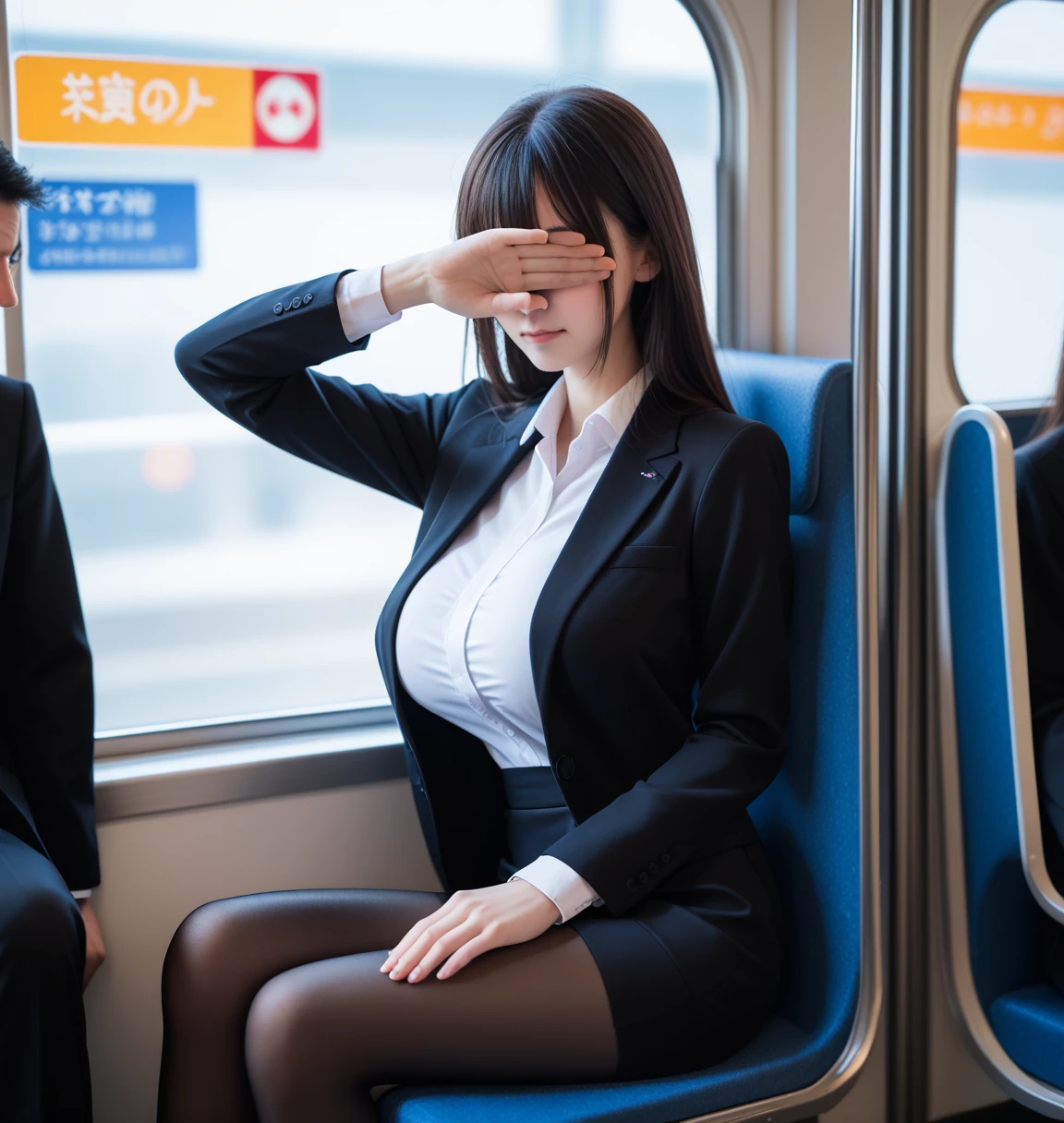 score_9, score_8_up, score_7_up, uncensored, realistic, in train, tokyo, (at night:1.2), from side,
1girl, cute, japanese, black hair, long hair, bangs, covering eyes, closed mouth, (gigantic breasts), short torso,
(business suit:1.2), office_uniform, (black suit:1.3), white shirt, pencilskirt, pantyhose, 
sitting on train long seat,  one hand on breast,