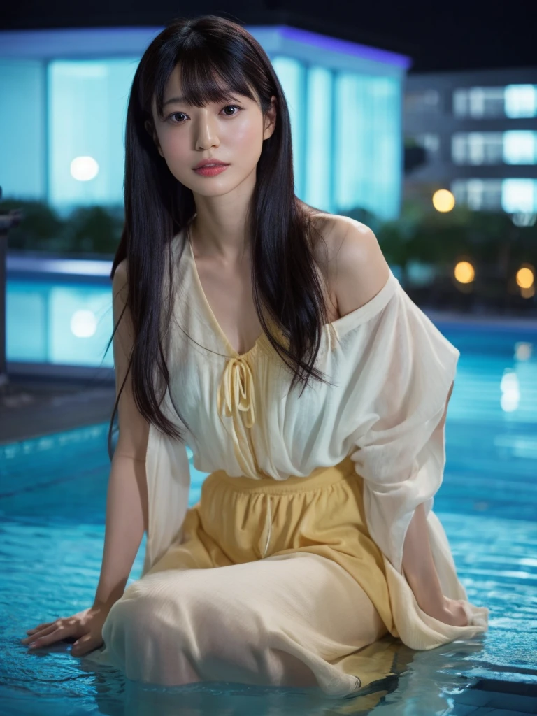 Moeko Yuki,High resolution, beautiful girl, Black Hair, Long Hair, Swimwear, Chest exposed, Night view, Urban Department, Pool, ナイトPool