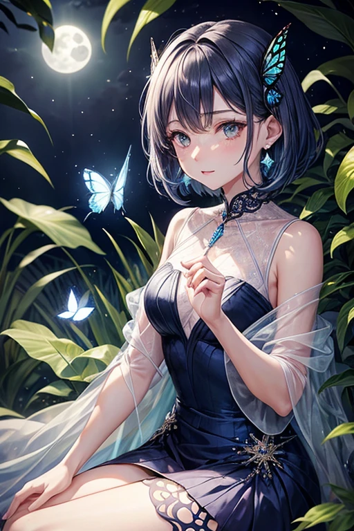 Cute girl, highres, masterpiece, realistic, 1 girl, medium breast, blue hair, black eye, lake, cloudy, butterfly, tree