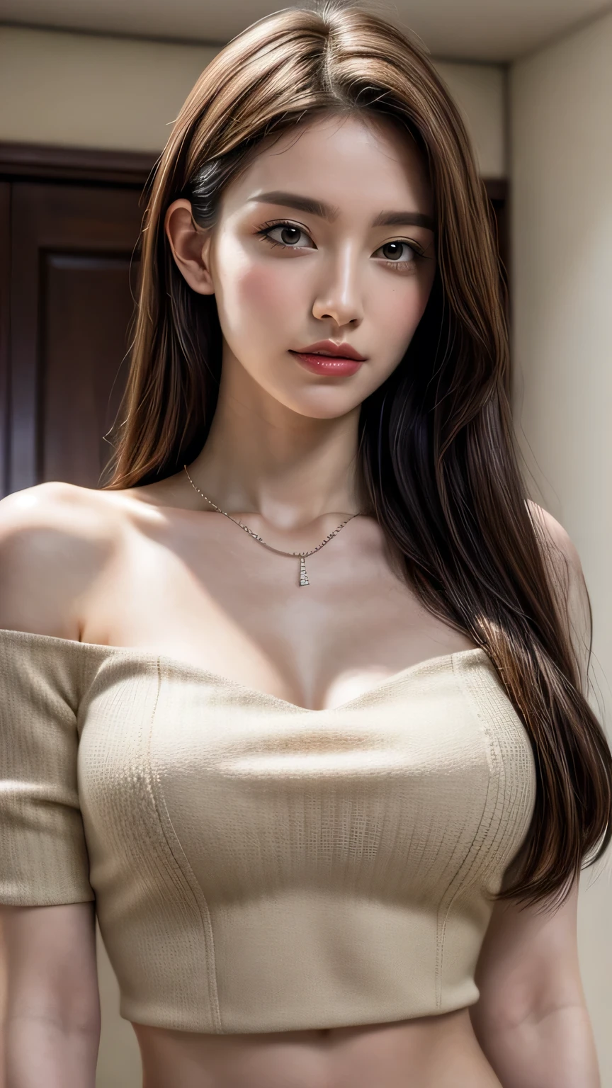 (nsfw:-2), (realistic, photo-realistic:1.4), (masterpiece, best quality:1.2), RAW photo, high resolution, intricate details, extremely detailed, realistic and sharp details, cinematic lighting, portrait, (bust shot, midriff:1.5), frontal photography, solo, 1girl, a Japanese woman, dark hair, (detailed face, beautiful detailed eyes, sophisticated nose), pale skin, collarbone, necklace, jewelry, large  breasts,​masterpiece、8K、32K、top-quality、(A detailed eye)、(A cute Japanese woman、bangss)、23years old、1 girl in、elegent、(Detailed background depiction、portlate:1.2)、beauty legs、Naked towel