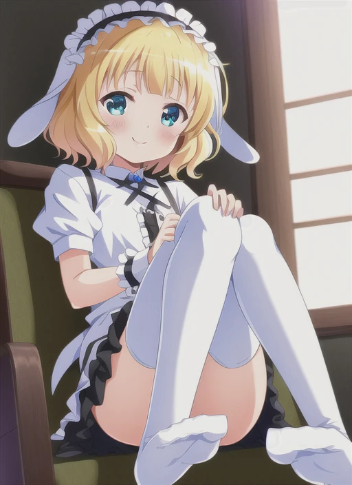 (best quality:1.2), masterpiece, ultra high resolution, (hard light:0.5),  syaro gochiusa, blonde hair, short hair, looking at viewer, smile, frilled skirt, frilled shirt, frilled hairband, black skirt, center frills, wrist cuffs, white thighhighs, rabbit ears, indoors, sitting, feet, foot focus,