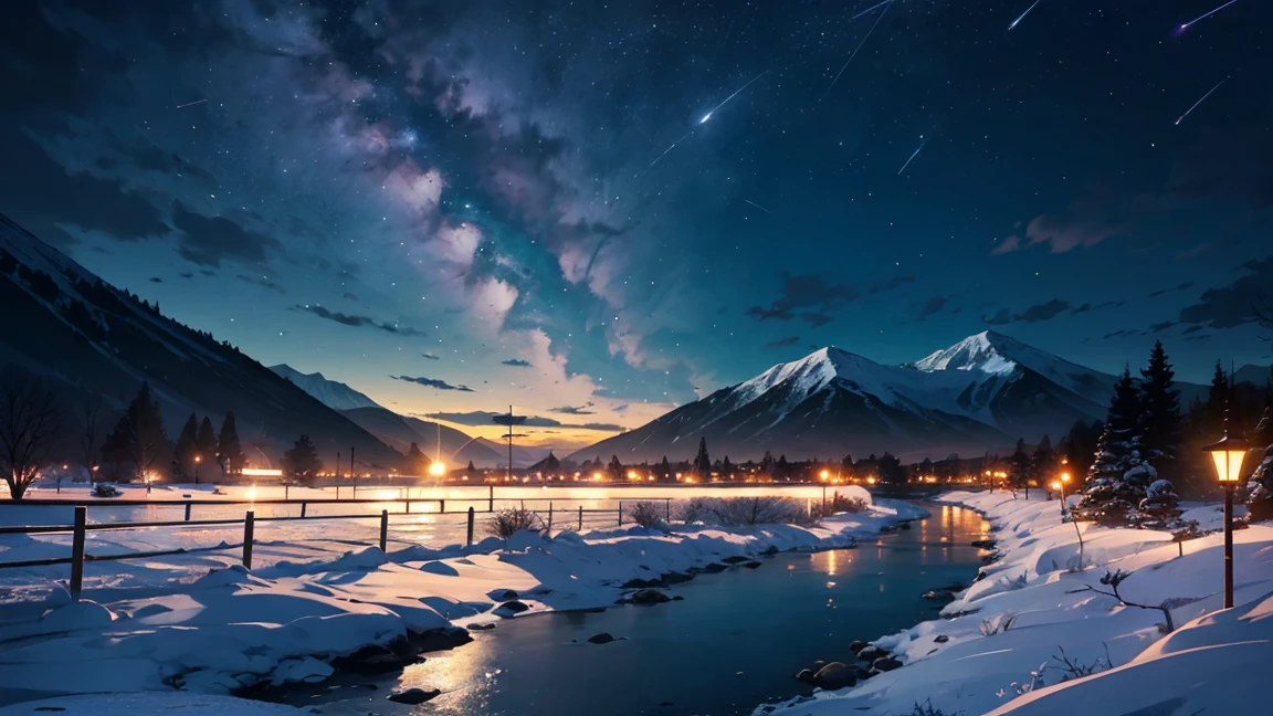 night, Only moonLight illuminates, Meniscus, Mountains in the distance, little bit cherry blossom in the distance, Beautiful big lotus nearby, Big red lotus, There is running water next to it, firefly, Winter is full of joy, The sky is mixed with crescent moon and stars, Amazing wallpapers, Beautiful and beautiful, Light, High Detail, 8K, landscape, clear focus, blurred some object too close, a little bit snow, meteor shower, Vray render, quality samples image 20