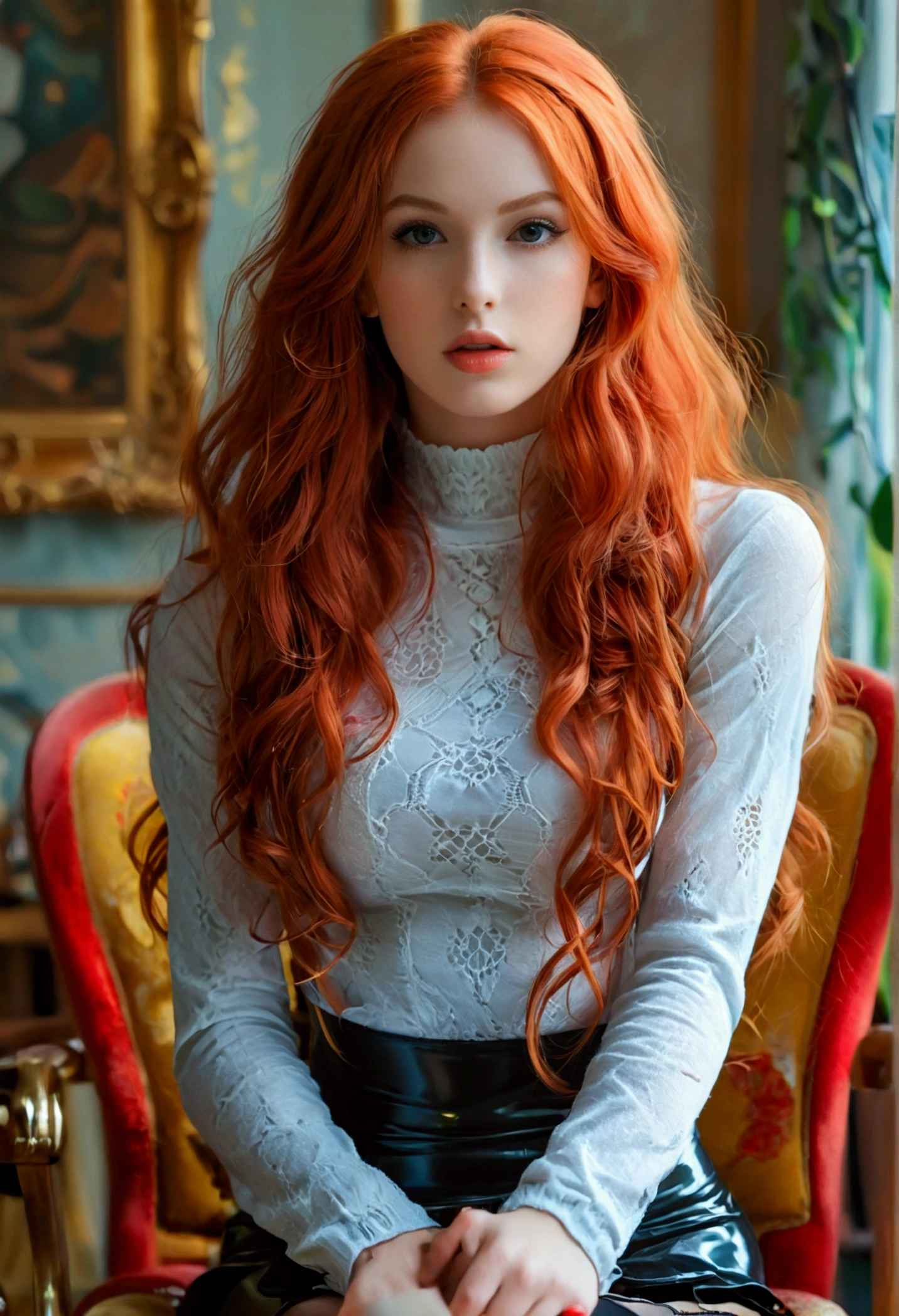 ultra realistic, photography, long red hair, girl, 24 years old, hourglass figure, perfect body, Flirty look, extremely detailed artgerm, in the style artgerm, lens 35 mm, blur background, sitting in a chair in the living room, wearing a tight cotton top and a short latex skirt, wearing thigh socks, showing off legs, long legs, touching her legs, sexy legs, attractive legs, full body picture, full body portrait, full body