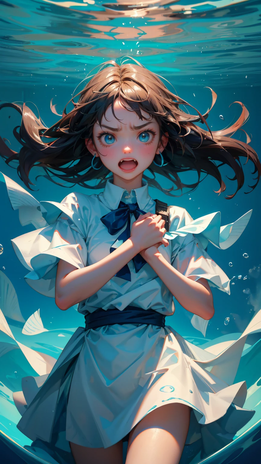 A cute girl with angry emotions with open mouth on face, girl stuck in blue water ice tub, He has thrown his hands up had stuck there. hands up for helping, The word "Stuck Transaction" show on the bottom