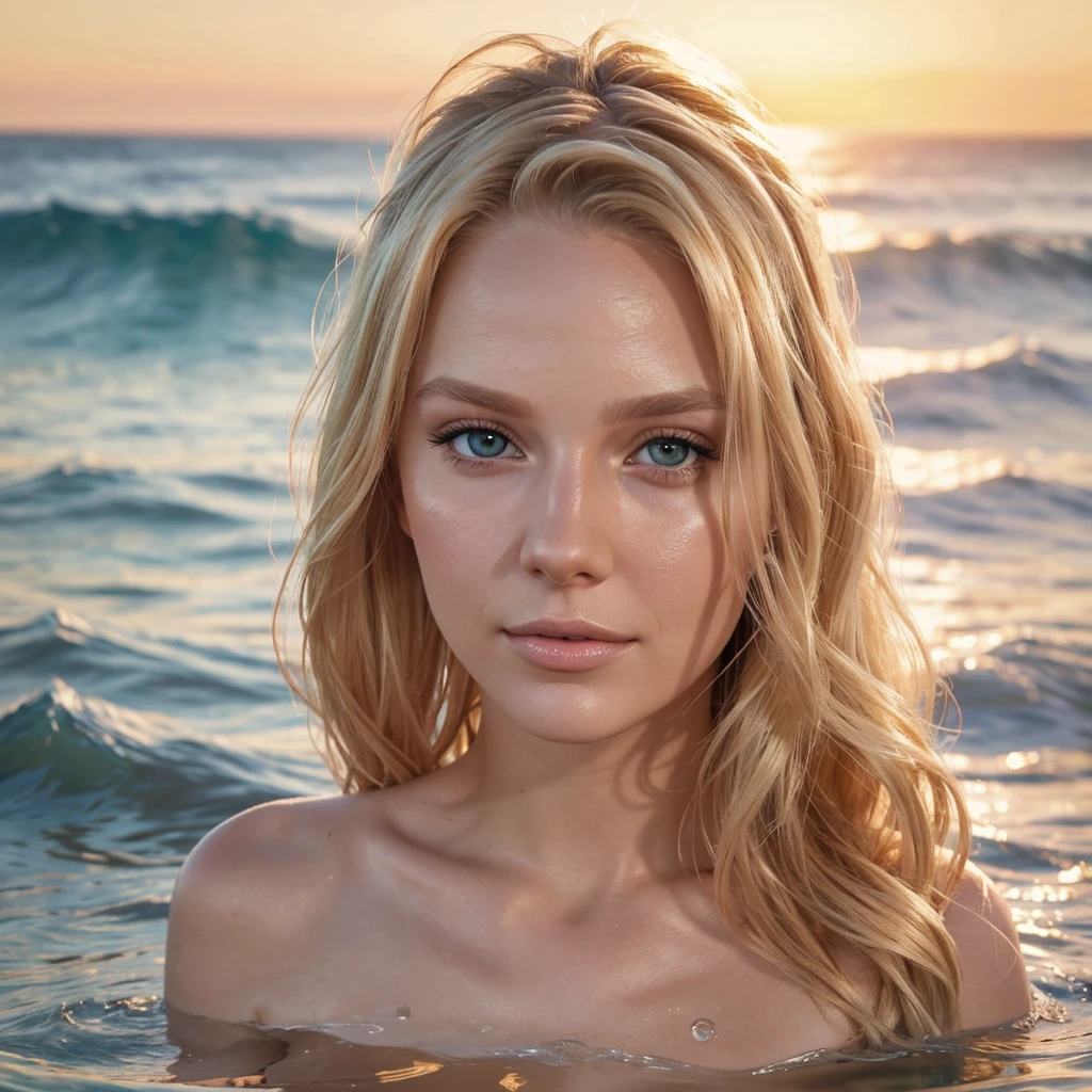 a beautiful blonde girl, 165cm tall,   topless in water, australian, realistic, photorealistic, 8k, high resolution, masterpiece, detailed facial features, detailed eyes, detailed nose, detailed lips, detailed skin, detailed hair, studio lighting, warm color tones, ocean waves background, golden hour lighting