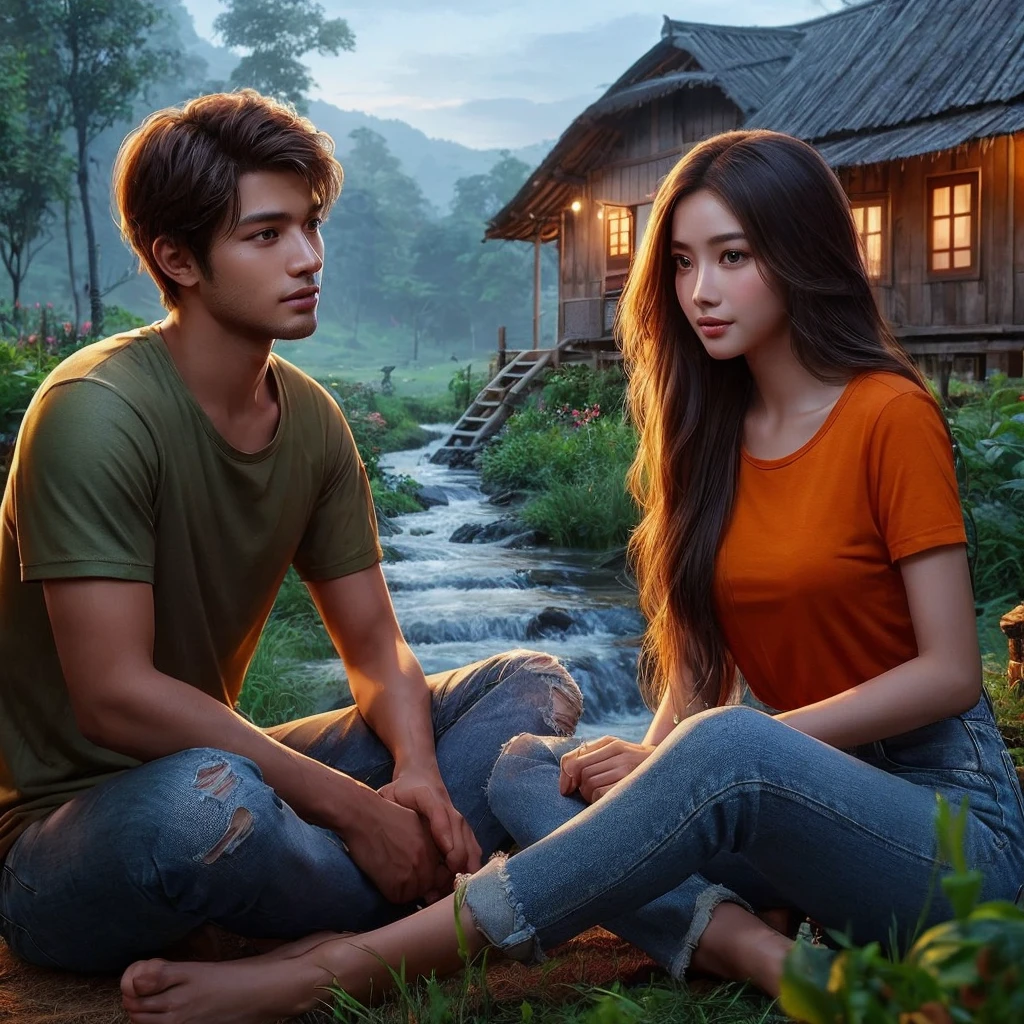 two individuals, a beautiful Indonesian woman aged 20 years, oval face, beautiful long hair. Realistic skin, ideal body. wearing an orange t-shirt. and ripped jeans. and a man is looking warm, Indonesian, 22 years old, realistic skin. wearing a shirt and jeans. sitting in front of a traditional wooden house on the edge of the forest, beside it a clear flowing river. Green grass and various flowers add to the comfortable twilight atmosphere.