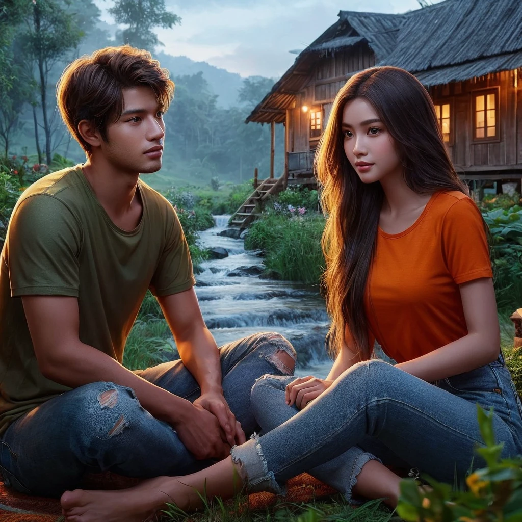 two individuals, a beautiful Indonesian woman aged 20 years, oval face, beautiful long hair. Realistic skin, ideal body. wearing an orange t-shirt. and ripped jeans. and a man is looking warm, Indonesian, 22 years old, realistic skin. wearing a shirt and jeans. sitting in front of a traditional wooden house on the edge of the forest, beside it a clear flowing river. Green grass and various flowers add to the comfortable twilight atmosphere.