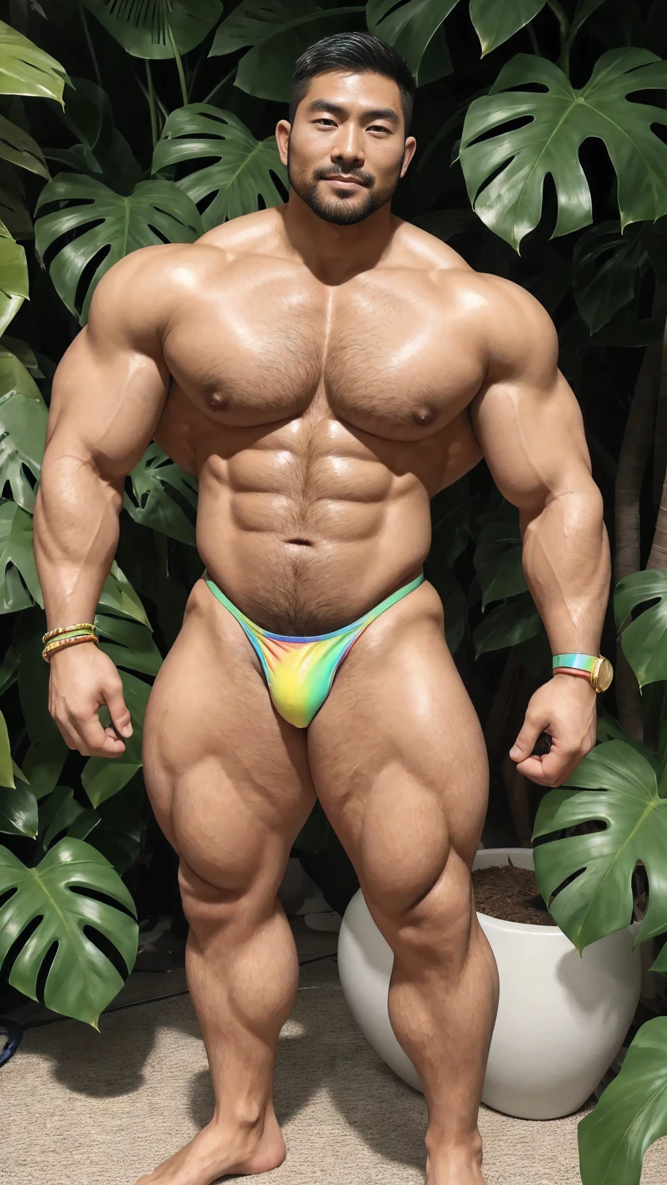 There is only one handsome Chinese man in the photo,35 years old,tall, Fitness,Smooth body,Smooth skin,No chest hair,short hair, O-Shaped Beard,Perfect body, Dark skin color,Radiant Skin,Smooth skin,Shiny, shiny skin,Smooth pectoral muscles,Muscle bulge, muscular, Very large pectoral muscles,Very sexy abdominal muscles,Very well-developed leg muscles,Huge concave and convex area,Brightens oily skin,Wear a fluorescent rainbow leather thong,Handsome face,Normal human toes,Correct and accurate male body proportions,Gold bracelet,Gold anklets,Standing in front of Monstera leaves。