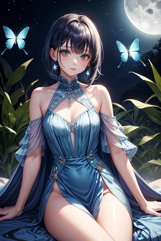 One adult woman,Long dress_blue,hair_short,hair_巻きhair,hair_blue,eye_light blue,Lady,full moon,A lot of butterflies are fluttering_green,diamond shaped earrings_light blue,Sitting,Small