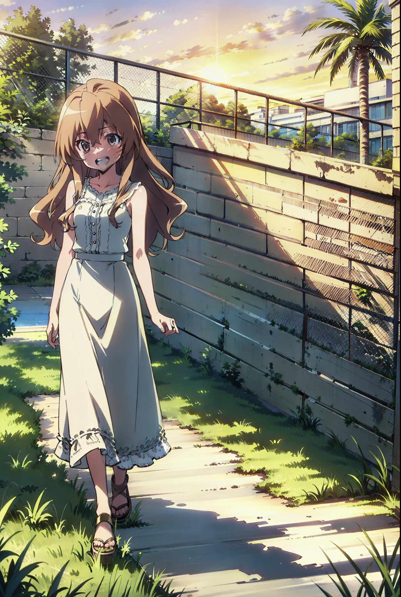 Aisaka Taiga, Aisaka Taiga, Long Hair, Brown Hair, Brown eyes,happy smile,smile, Open your mouth,White hat,White sleeveless dress,Long skirt,Heeled Sandals,evening,sunset,The sun is setting,Palm tree,whole bodyがイラストに入るように,Walking, break looking at viewer, whole body,
break outdoors,Coastal Road,In town,
break (masterpiece:1.2), Highest quality, High resolution, unity 8k wallpaper, (shape:0.8), (Beautiful attention to detail:1.6), Highly detailed face, Perfect lighting, Extremely detailed CG, (Perfect hands, Perfect Anatomy),