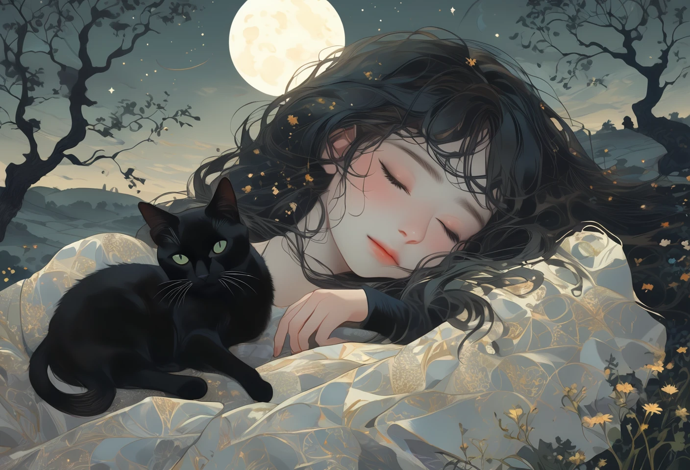 A woman stargazer lying on a moonlit hill, contemplating the vastness of the universe. A black cat is sleeping beside her. Eerie, unsettling, dark, spooky, suspenseful, grim, highly detailed