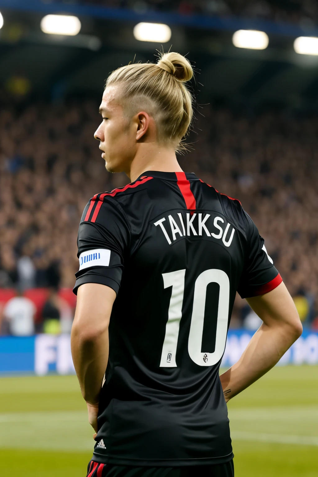 Japanese soccer forward, Number 10 on back, name on back "Takashimaä, blonde hair, man bun hairstyle, black jersey, from the back, looking at full stadium