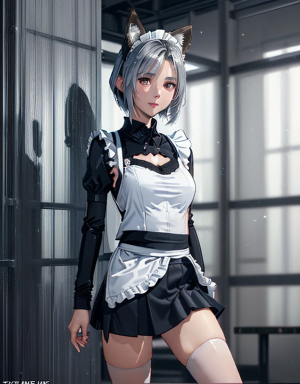 (8k, Realistic, RAW Photos, Highest quality: 1.3), (Fox Girl, Fox Ears, One Girl, Alone on the screen, dark skin, High definition, (boyish, Silver color very short hair), high resolution:1.4), とてもbeautiful, (Realistic Face), (maid apron, Black and white clothes, skirt, (Mecha suit with legs only):1.5), (Body measurements are 75-60-75!, Young girl body, Small breasts, skirt hold, slender:1.6), A brilliance that captivates the viewer, beautiful expression, beautiful breasts, (Realistic Skin), beautiful...