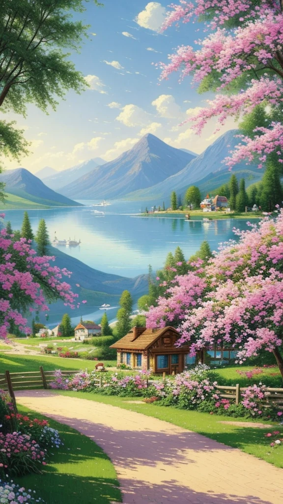 Villa Painting, Flowers beside the fence, Fence along the road, Mountain landscape with lake and boat, Birds flying in the blue sky, Illustration Matte Painting, Inspired by Thomas Kinkade, Symmetrical Matte Paint, Detailed landscape , Rustic style, 8K Ultra High Definition