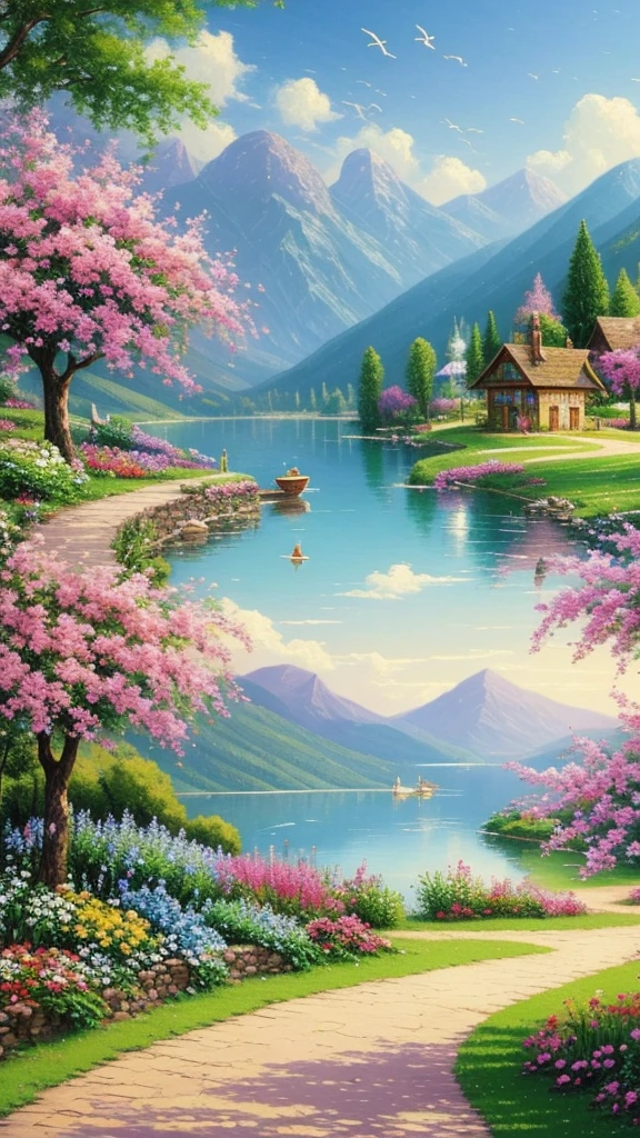 Villa Painting, Flowers beside the fence, Fence along the road, Mountain landscape with lake and boat, Birds flying in the blue sky, Illustration Matte Painting, Inspired by Thomas Kinkade, Symmetrical Matte Paint, Detailed landscape , Rustic style, 8K Ultra High Definition