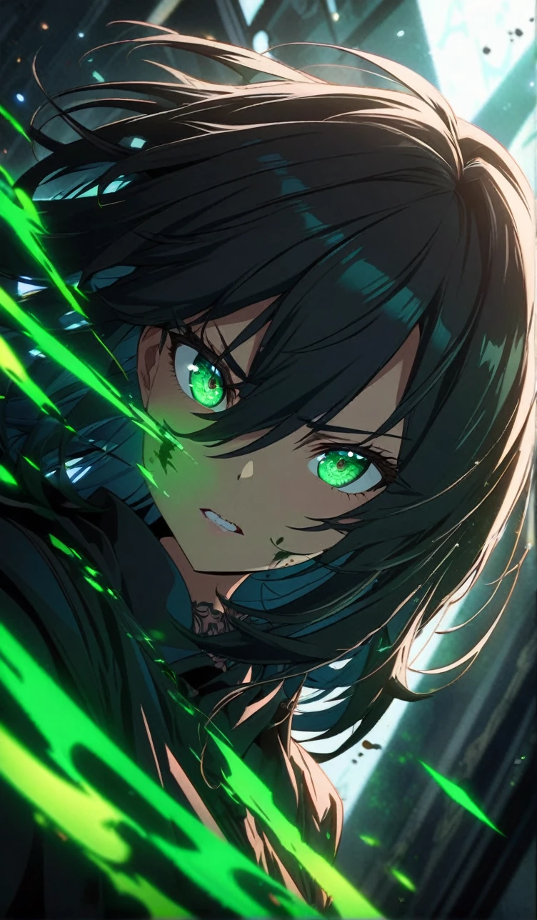(masterpiece:1.2、highest quality), (Exquisite eyes: 1.2), (Detailed Background、Dark fantasy), (beauty detailed face), High Contrast, (Best lighting、Very delicate and beauty), ((Cinema Lighting) )), colorful, Hyper Detail, Dramatic Light, Intricate details, (1 girl, solo, black short hair, black hair, Sharp Face, green eyes, light green eyes, black hair between the eyes, Dynamic Angle), (Blood splatter:1.4), Black light swirling around the character, Depth of written boundary, black light particles, Nightcore, black magician, Spectacular anime style, zerochan art, Anime Wallpaper, Burning, High quality anime art style, Key Anime Art