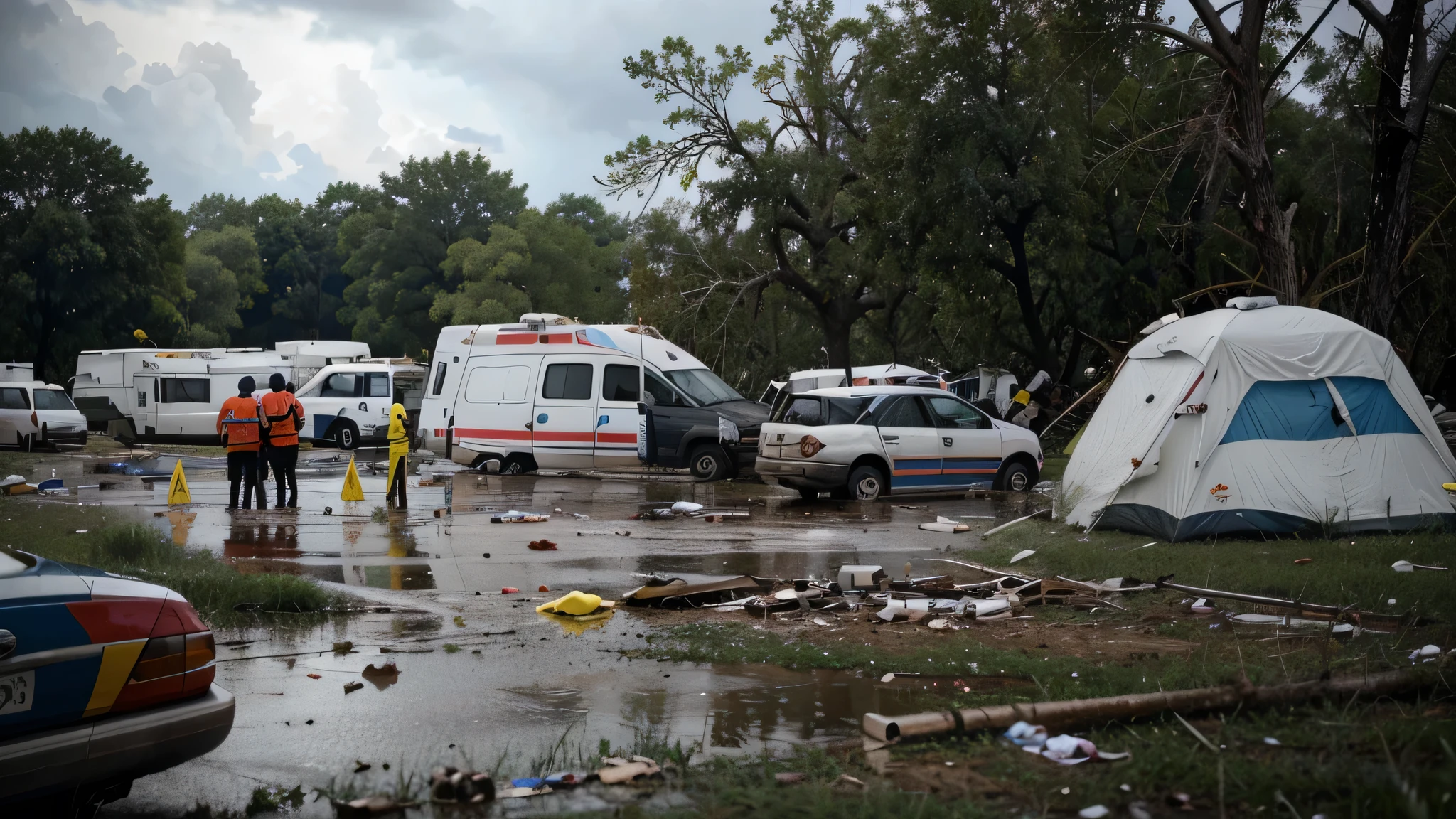 image of an emergency medical response scene immediately after a storm. The image should depict a devastated area with storm damage such as fallen trees, damaged buildings, and debris. In the foreground, show emergency medical teams actively helping people affected by the storm. Include elements like temporary medical tents, first aid stations, and healthcare professionals administering care. The scene should convey both the urgency of the situation and the hope being provided through immediate medical assistance. Ensure the image highlights the critical role of emergency response in the aftermath of a natural disaster.
