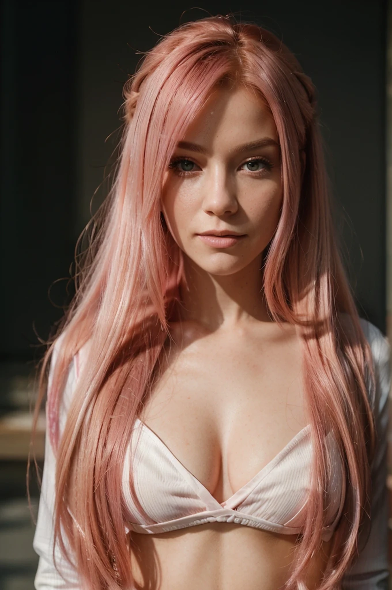stunning intricate color close up portrait of (sks woman:1) , wearing business attire, long pink hair, epic character composition, sharp focus, natural lighting, subsurface scattering, f2, 35mm, film grain. CHEVEUX ROSE. pink hair. cheveux longs couleur rose. cheveux couleur rose chewingum