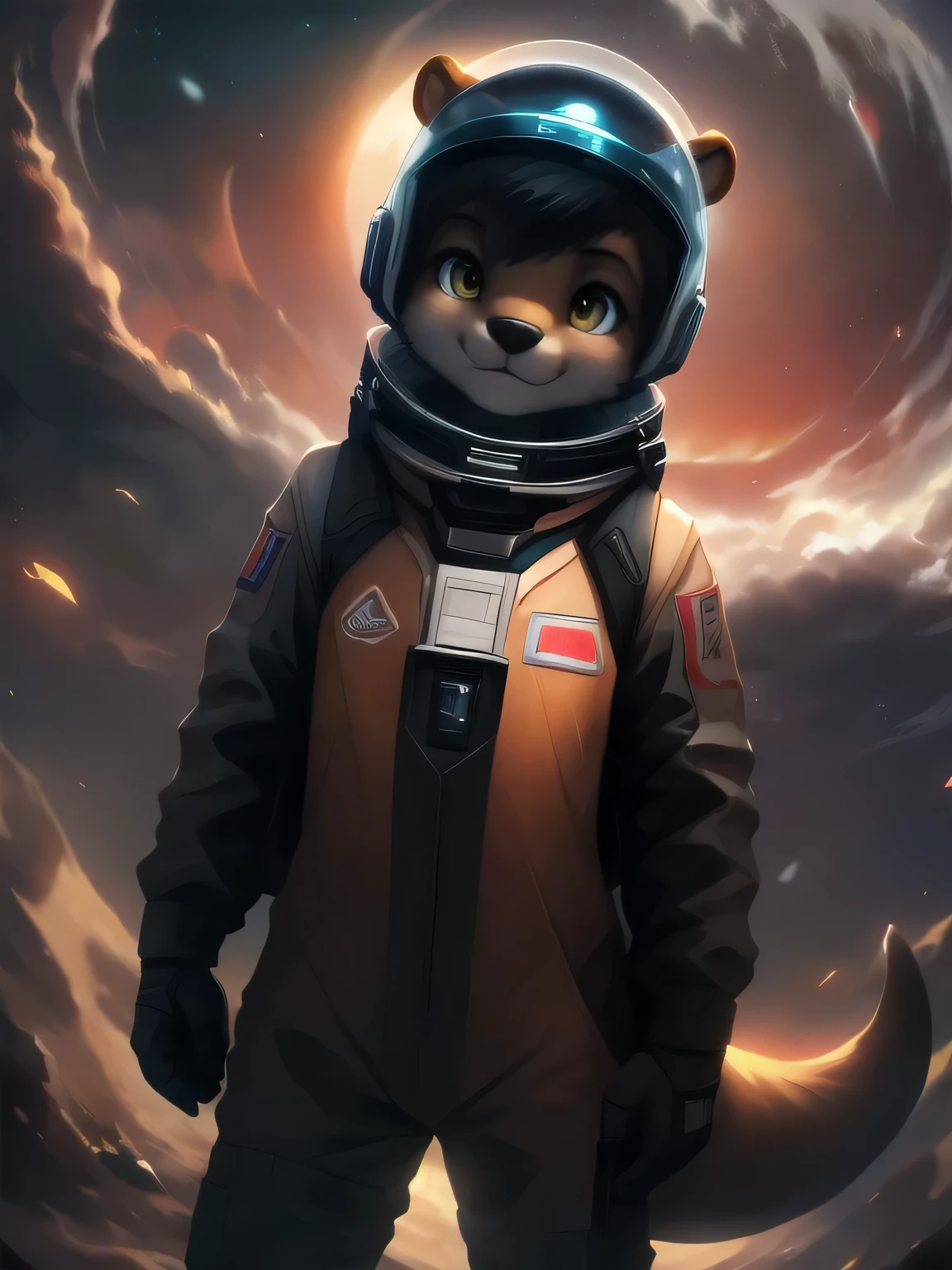 ((otter)), solo, nude, light brown fur, ((hazel eyes)), short hair, (black hair), light, astronaut suit, astronaut helmet, floating in space, moon, looking at viewer. Very good figure, best quality, highres, 16k, Natural soft light, Tyndall effect, Advanced film lighting, Unreal Engine5, Extremely realistic, A high resolution, perfect masterpiece, high quality, high resolution