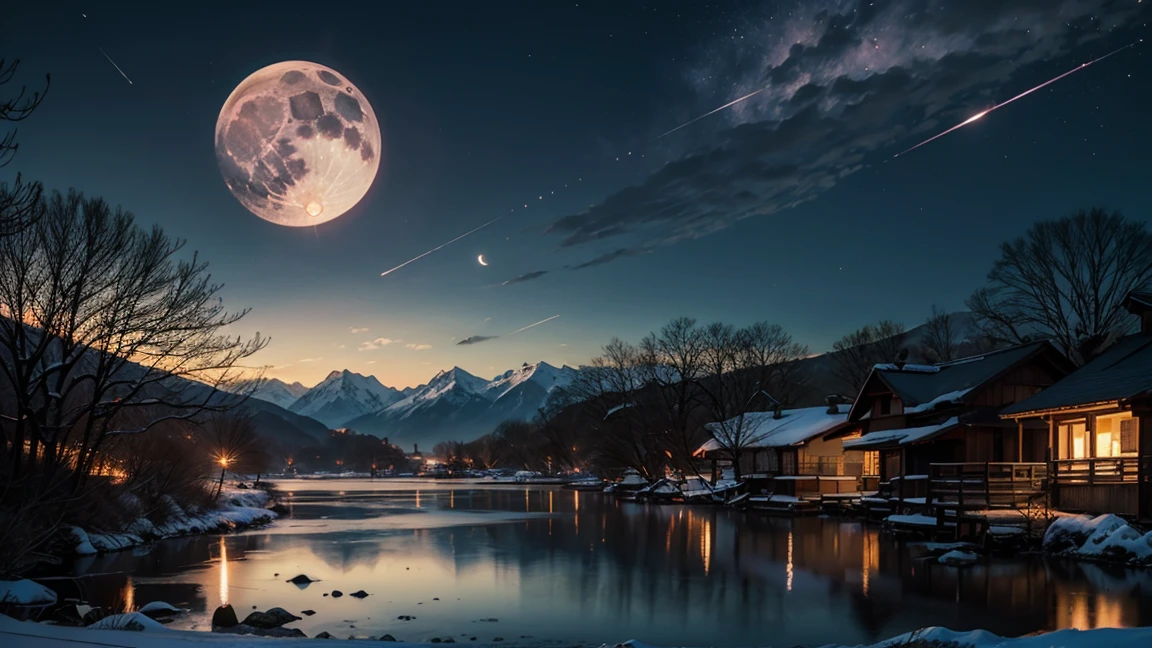night, Only moonLight illuminates, Meniscus, Mountains in the distance, full cherry blossom, Beautiful big lotus nearby, Big red lotus, There is running water next to it, firefly, Autumn is full of joy, leaf and wind,The sky is mixed with crescent moon and stars, Amazing wallpapers, Beautiful and beautiful, Light, High Detail, 8K, landscape, clear focus, blurred some object too close, a little bit snow, meteor shower, Vray render, quality samples image 20, very detailed