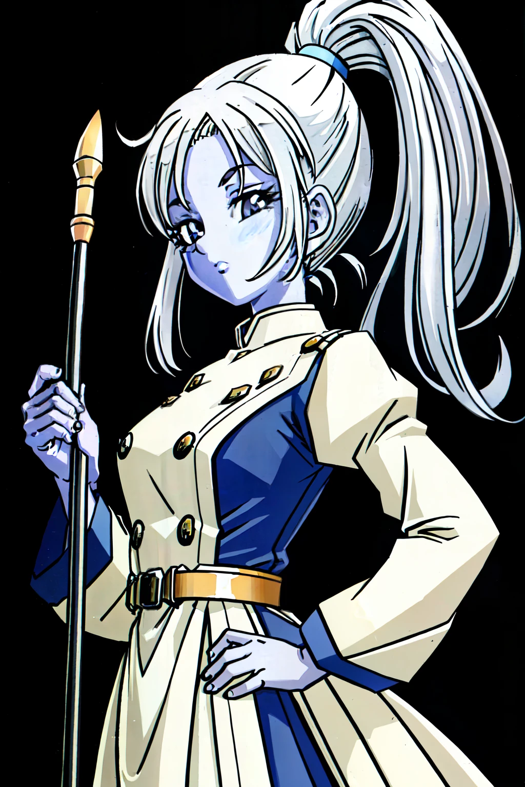 (extremely detailed CG unity 4k wallpaper),(masterpiece),(ultra quality),(ultra-detailed),(best illustration),(best shadow),(absurdres),(detailed background), 1girl, mature woman, staff, long white hair, solo, hair in a loose bun, colored skin, high ponytail, white hair, purple eyes, long sleeves, holding staff, ponytail, holding, (blue skin:1.3), looking at viewer, purple lips, medium length hair