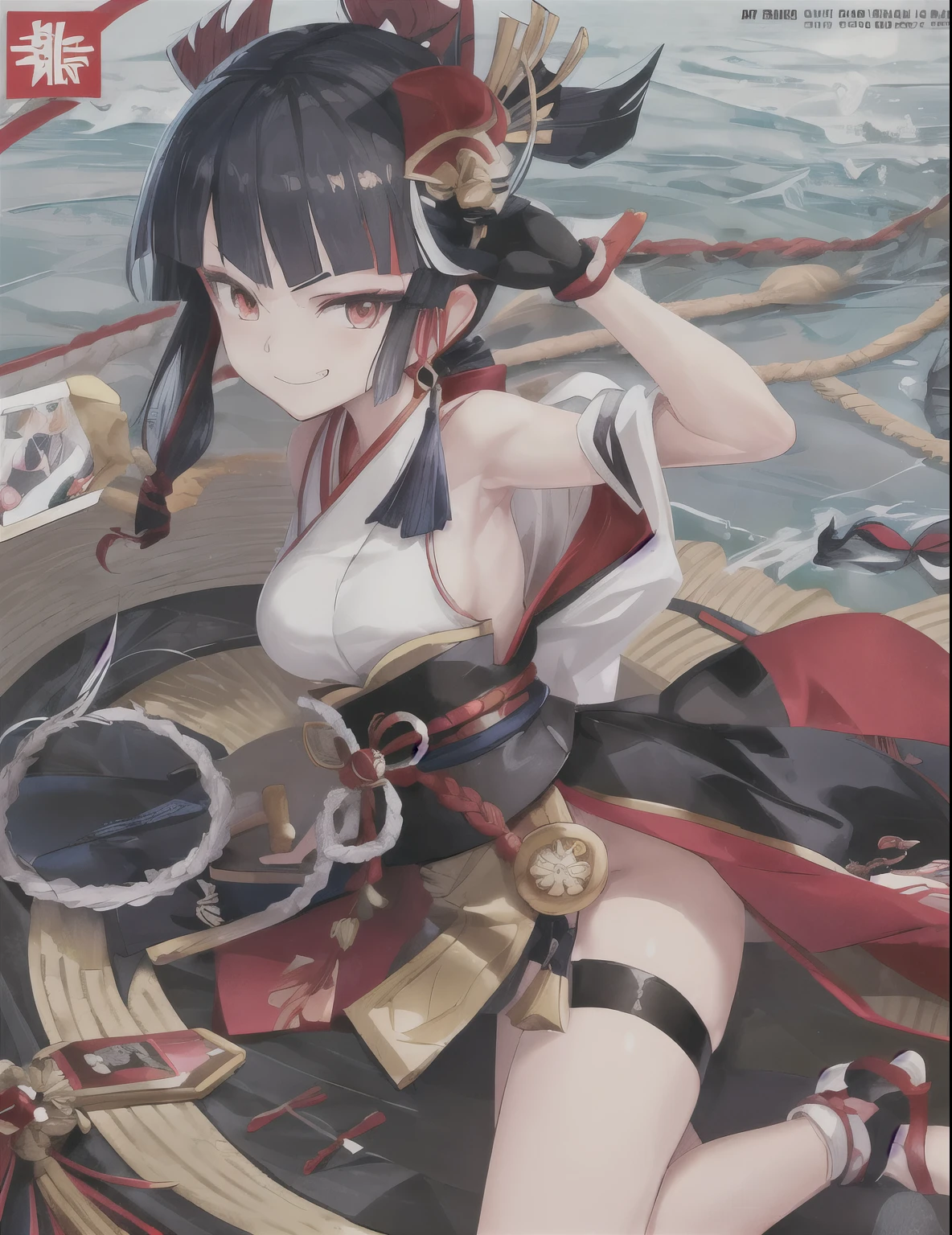 anime girl with a red hat and black hair holding a cell phone, onmyoji portrait, ayaka genshin impact, ryuko matoi, rin, ayaka game genshin impact, katsushika, kantai collection style, official artwork, mika kurai demon, roguish smirk, cushart krenz, onmyoji