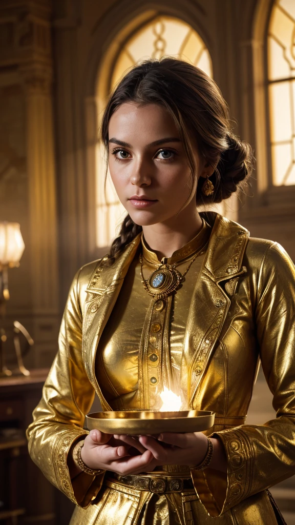 /a light radiates into her eyes, directly from the gold plate that the 19th century paleontologist is holding. Wearing clothes from its time, the gold plate emits a light with ancient explanations. High definition image, 4k image, quality image.