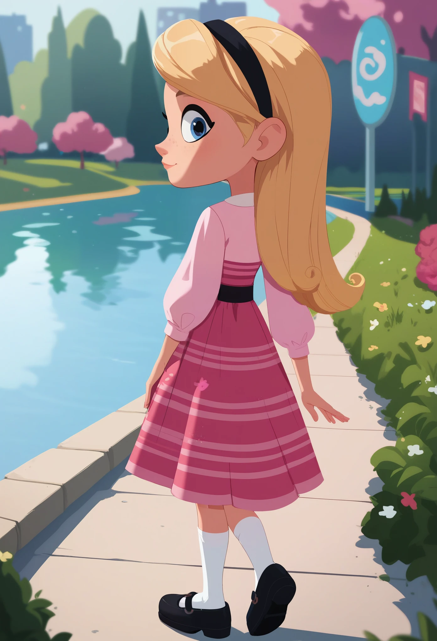 1girl, full body, solo, penny peterson, long hair, blue eyes, freckles, blonde hair, skirt, hairband, black hairband, white long tube socks, dress, pink dress, long sleeves, score_9,score_8_up,score_7_up,score_6_up,score_5_up, cute, beautiful, standing, outside, central park, river, looking at viewer, looking back, close up, from behind, beautiful art, cute art, looking at viewer, soft lighting,