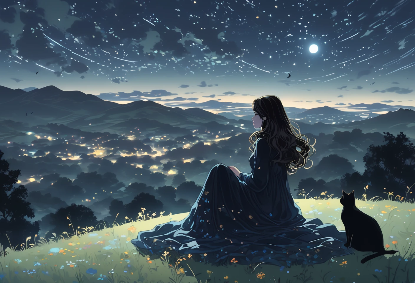 A woman stargazing, lying on a moonlit hill, contemplating the vastness of the universe. A black cat is beside her. Eerie, unsettling, dark, spooky, suspenseful, grim, highly detailed 