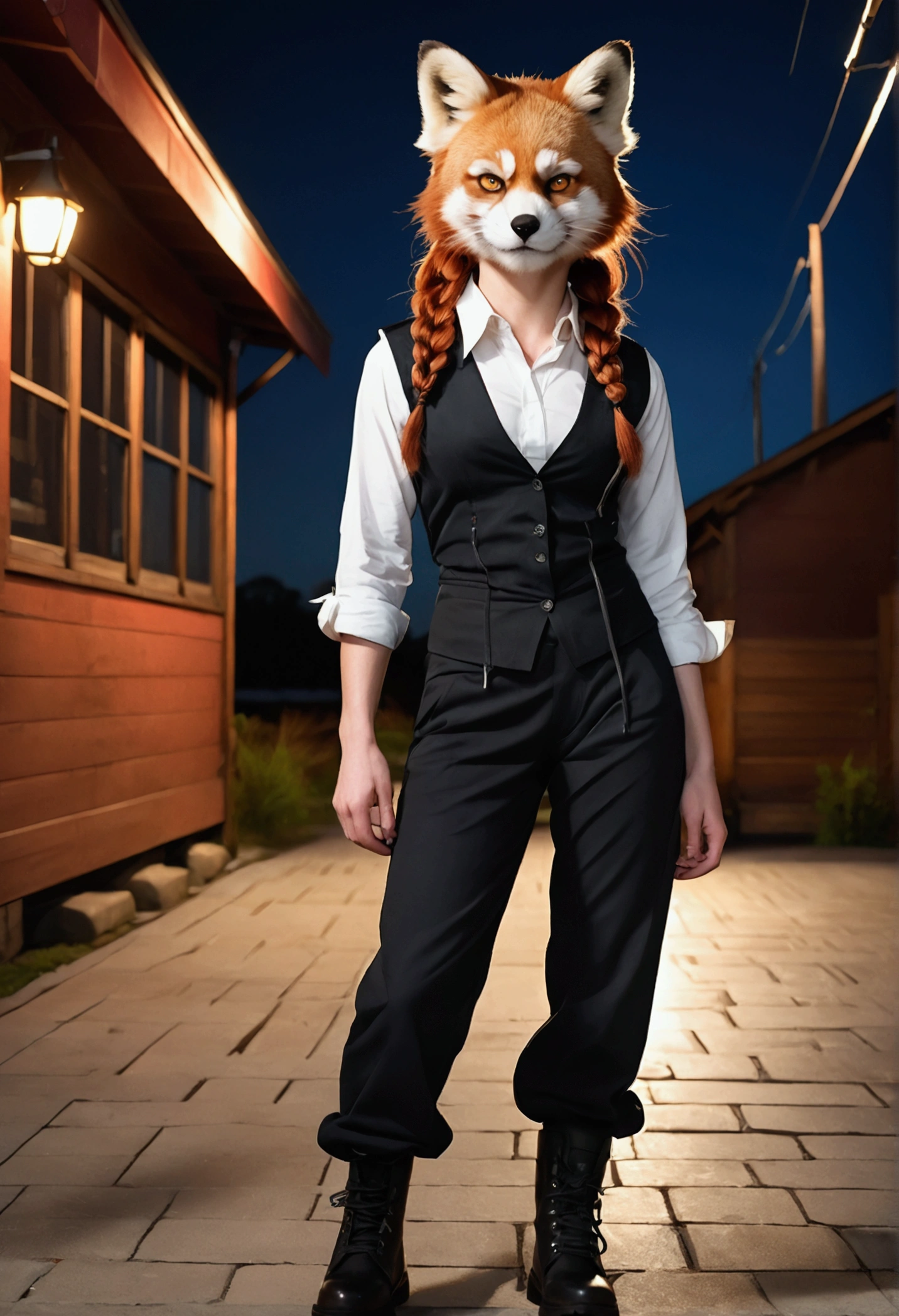 Solo, Score_9, score_8_up, score_7_up, kemono style, Kimiko, An Anthro furry red panda girl, red furry body, red panda tail, , black nose, red hair, braided hair, grinning with teeth, dress shirt undone to show breast top, dark blue vest open, wearing vest over dress shirt, rolled up sleeves,  form fitting black slacks, pants, satchel around hip leather, black combat boots, near wooden tavern outside, moonlit night, mid angle shot, looking towards view, smug smirk, majestic, front view, punching air, combat stance , chi powers, glowing chi eyes, looking to side with head, long legs, athletic toned arms and legs, fighting pose.