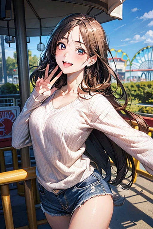 (masterpiece:1.2, top-quality), (realistic, photorealistic:1.4), beautiful illustration, (natural side lighting, movie lighting), nsfw, 
looking at viewer, back view, from back, from behind, face focus, upper body, 1 girl, japanese, high school girl, perfect face, cute and symmetrical face, babyface, shiny skin, 
(long hair, straight hair, hair flaps, bronze hair), swept bangs, gold eyes, long eye lasher, (medium breasts), slender, 
beautiful hair, beautiful face, beautiful detailed eyes, beautiful clavicle, beautiful body, beautiful chest, beautiful thigh, beautiful legs, beautiful fingers, 
(detailed cloth texture, break, long sleeves pink sweater, break, denim short), 
(beautiful scenery), morning, (amusement park, go-round, ferris wheel), (walking, turn around, arched back, dynamic pose), (lovely smile, open mouth), 